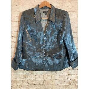 Dressbarn Collection Top Womens 16 Slate Blue Pleated Satin Jewel Button Front